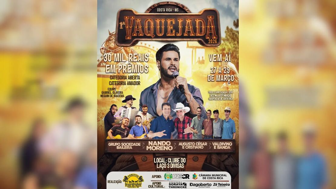 Costa Rica sedia 1ª Vaquejada 2026 com R$ 30 mil em prêmios e programação solidária