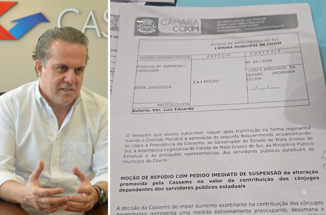 Câmara de Coxim aprova moção pedindo suspensão imediata do reajuste da Cassems