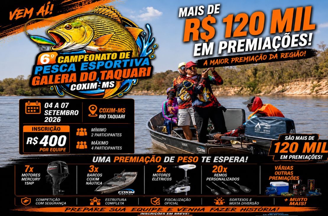 6º Campeonato de Pesca Esportiva Galera do Taquari vai distribuir mais de R$ 120 mil em prêmios em Coxim