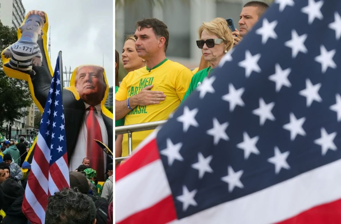 No 7 de Setembro, ato de Flávio Bolsonaro é marcado por bandeiras dos EUA e boneco de Trump com Lula
