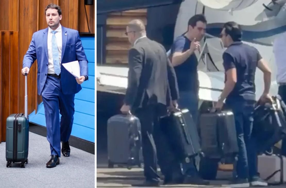 “E as malas?”: Catan leva mala à tribuna e cobra explicações de Riedel sobre jato ligado à família Batista