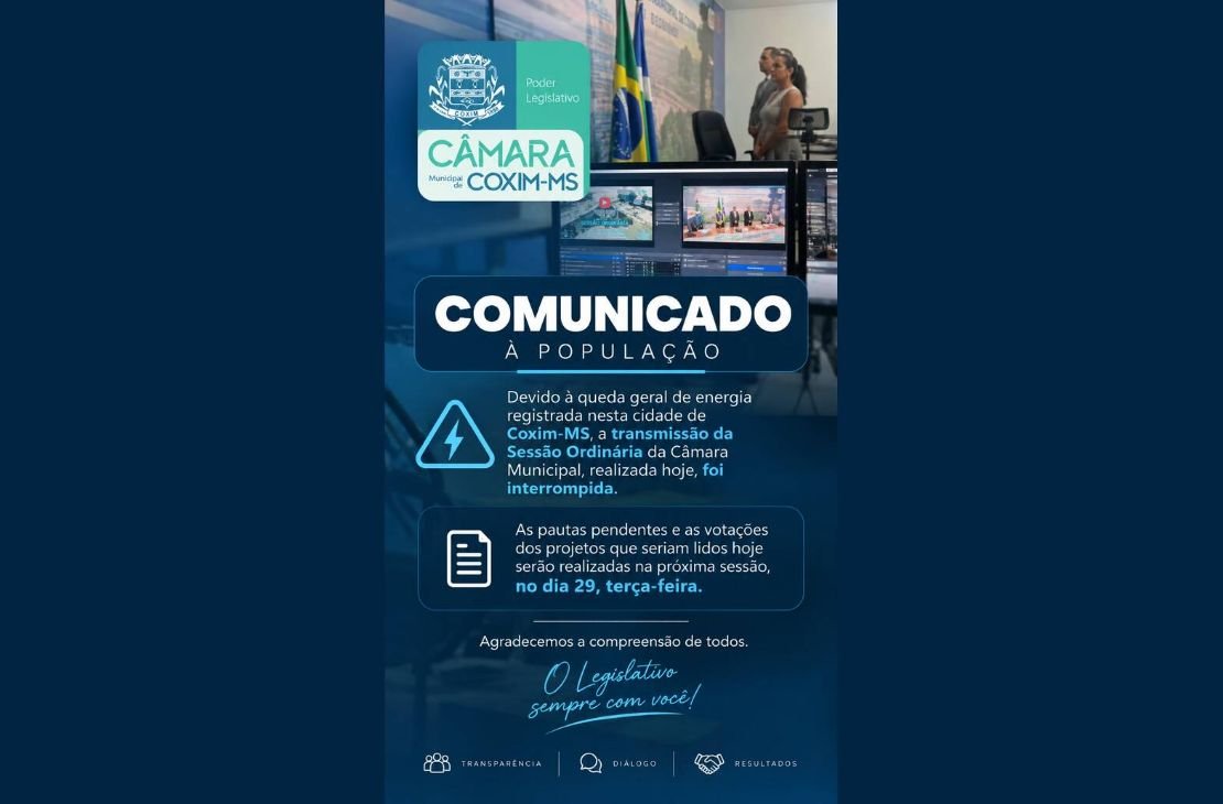 Câmara de Coxim interrompe sessão ordinária após queda de energia